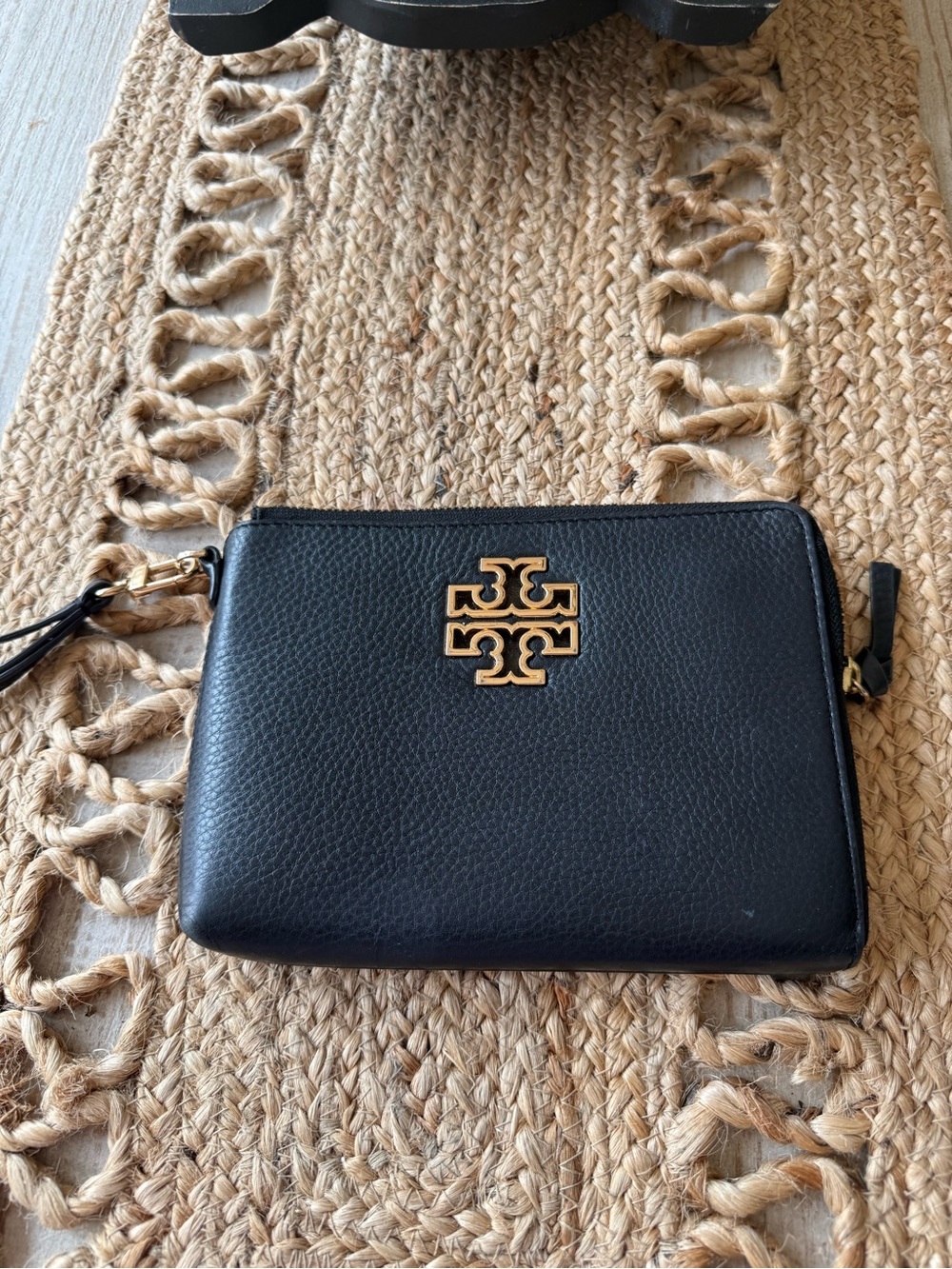 Tory Burch Black Leather Wristlet with Gold Logo Emblem